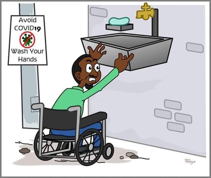 The image by @SongambeleO The cartoon depicts a dark-skinned man in a wheelchair who lifts up his arms to wash his hands in the basin, which is still too high for him. The sign on the wall near the basin says “Avoid COVID19. Wash your hands”