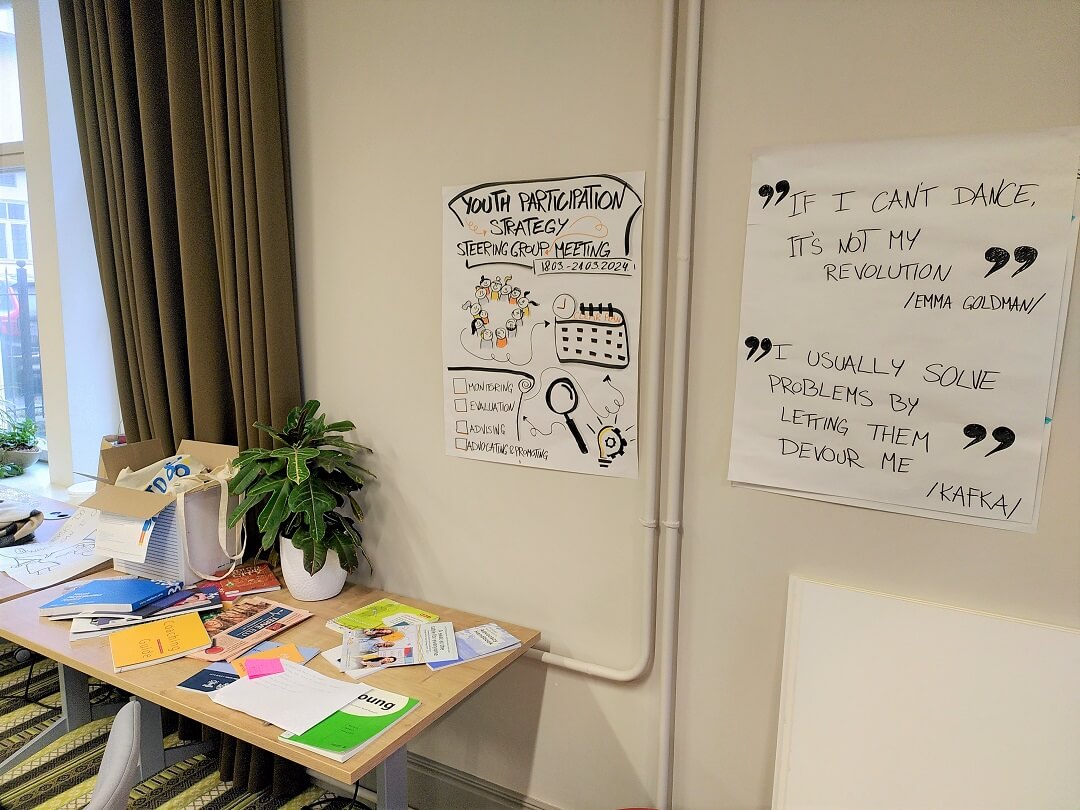 Two white handwritten posters. One poster says "Youth Participation Strategy Steering Group Meeting 18.03-21.03.2024", with the keywords "Monitoring", "Evaluation", "Advising" and "Advocating & Promoting". The second poster has two quotes: one by Emma Goldman, "If I can't dance, it's not my revolution", and one by Kafka, "I usually solve problems by letting them devour me"